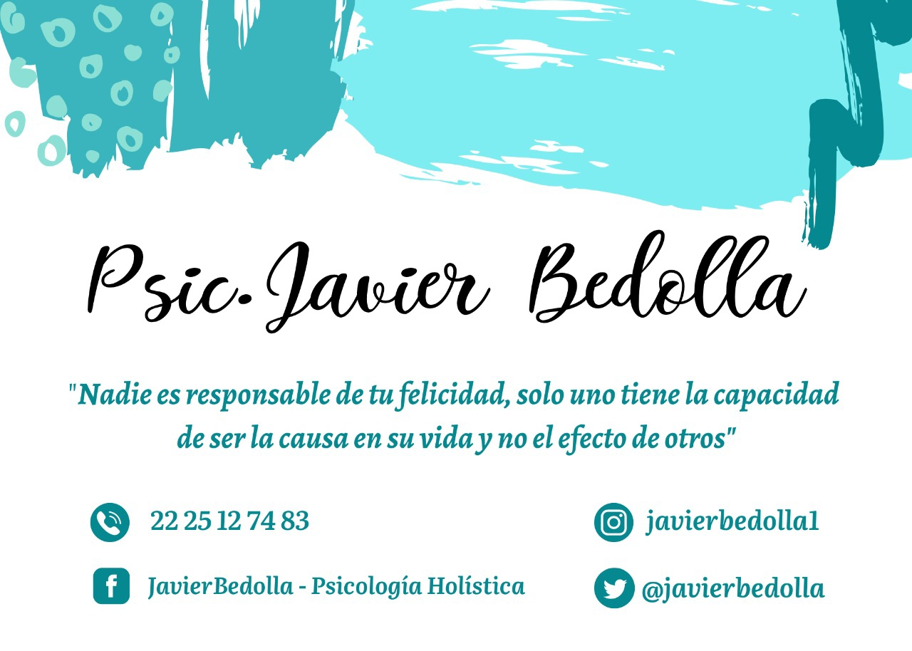 Tarjeta de Psic. Javier Bedolla con frase y datos de contacto.